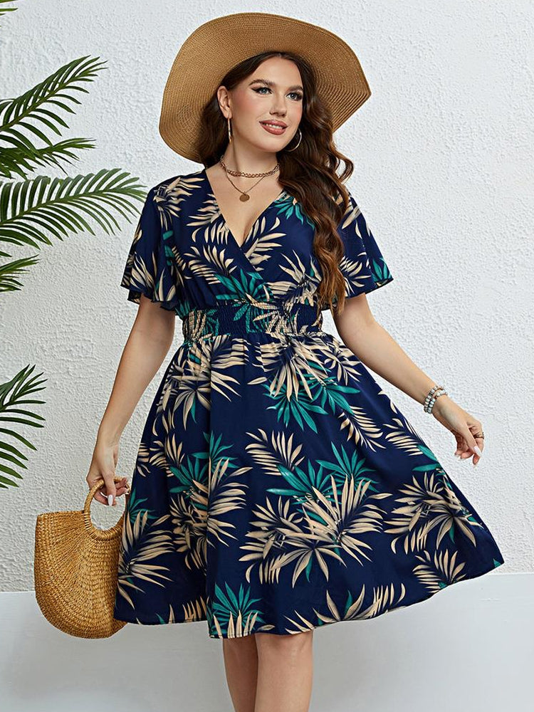 Women's Summer plus Size Dress plus Size Summer Dress V-neck Waist-Controlled Slimming Women's Dress Lomwn