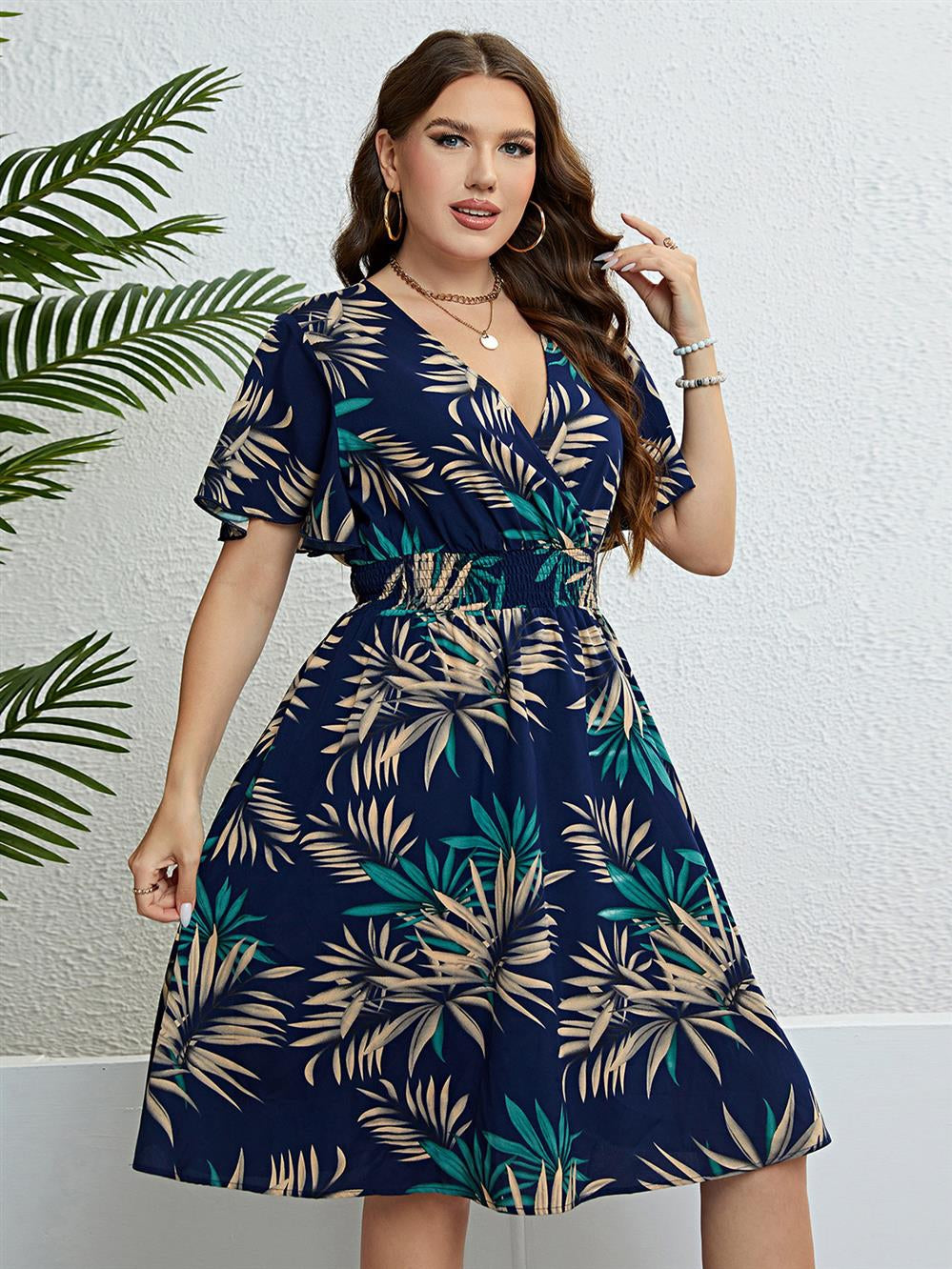 Women's Summer plus Size Dress plus Size Summer Dress V-neck Waist-Controlled Slimming Women's Dress Lomwn