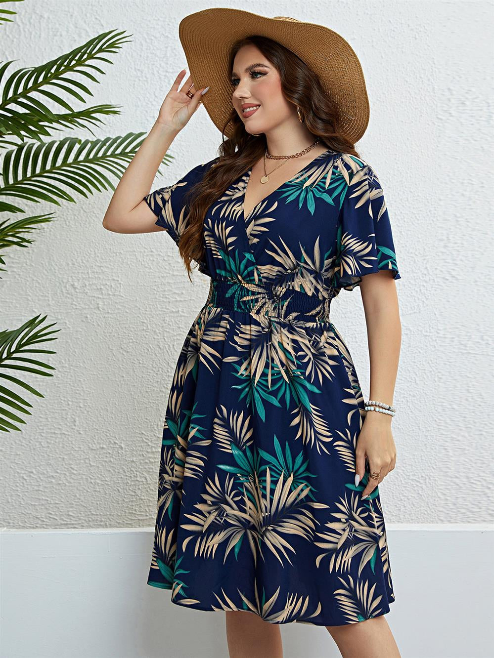 Women's Summer plus Size Dress plus Size Summer Dress V-neck Waist-Controlled Slimming Women's Dress Lomwn