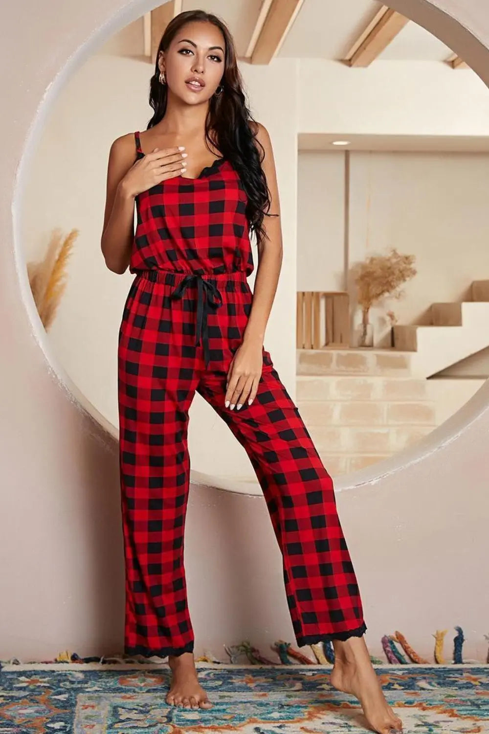 Plaid Lace Trim Spaghetti Strap Jumpsuit Trendsi