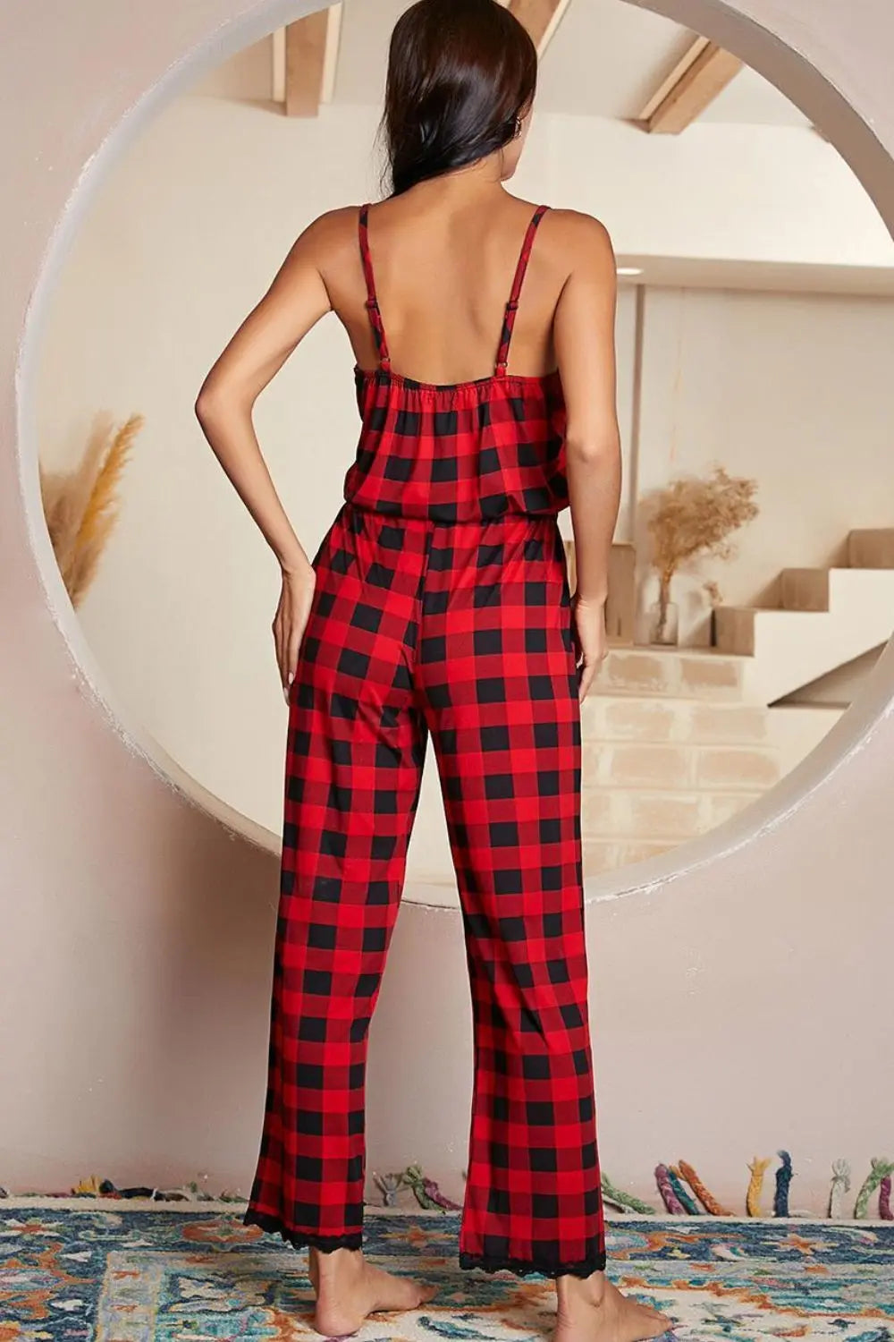 Plaid Lace Trim Spaghetti Strap Jumpsuit Trendsi