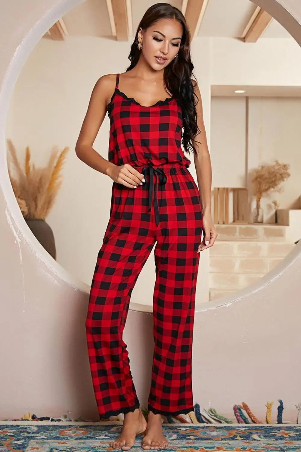 Plaid Lace Trim Spaghetti Strap Jumpsuit Trendsi