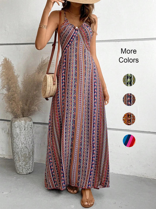 Women's Summer Ethnic Pattern Backless Split Thigh Dress Ladies Summer Clothes Boho Fashion Frill Trim Long Dress for Beach Lomwn