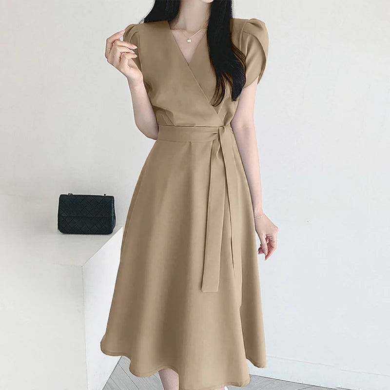 Women Fashion OL Work Sundress ZANZEA Elegant Summer Short Sleeve Dress Casual Solid A Line Vestido Kaftan Sarafans Robe Femme Lomwn