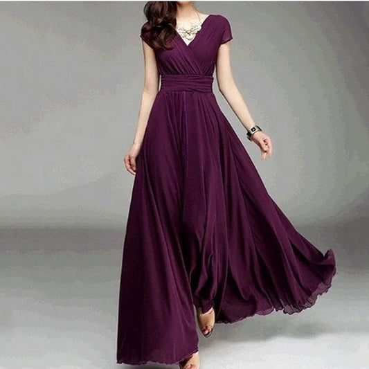 Women's Short-Sleeved Chiffon Evening Dress, Female Party Dress, Monochromatic, Bohemian, Long, Elegant, New, 2022 Lomwn