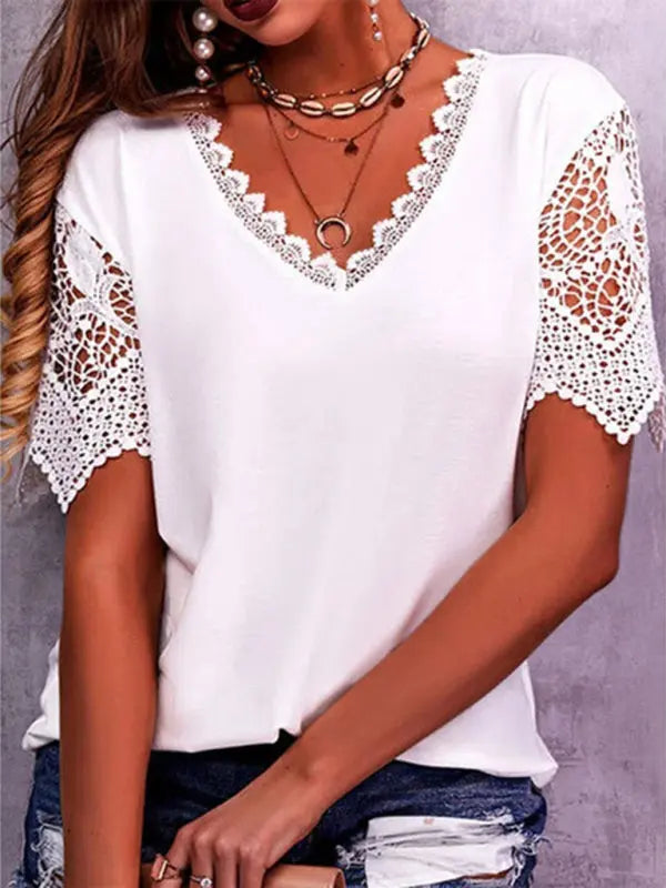Women's Solid Color Lace Trim Short Sleeve Media Top kakaclo