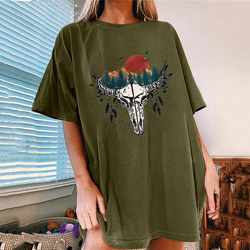 Women's Western Bullhead Print Short Sleeve T-Shirt kakaclo