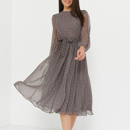 Summer Long-Sleeve Chiffon Polka Dots Dress Lomwn