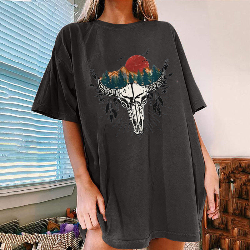 Women's Western Bullhead Print Short Sleeve T-Shirt kakaclo