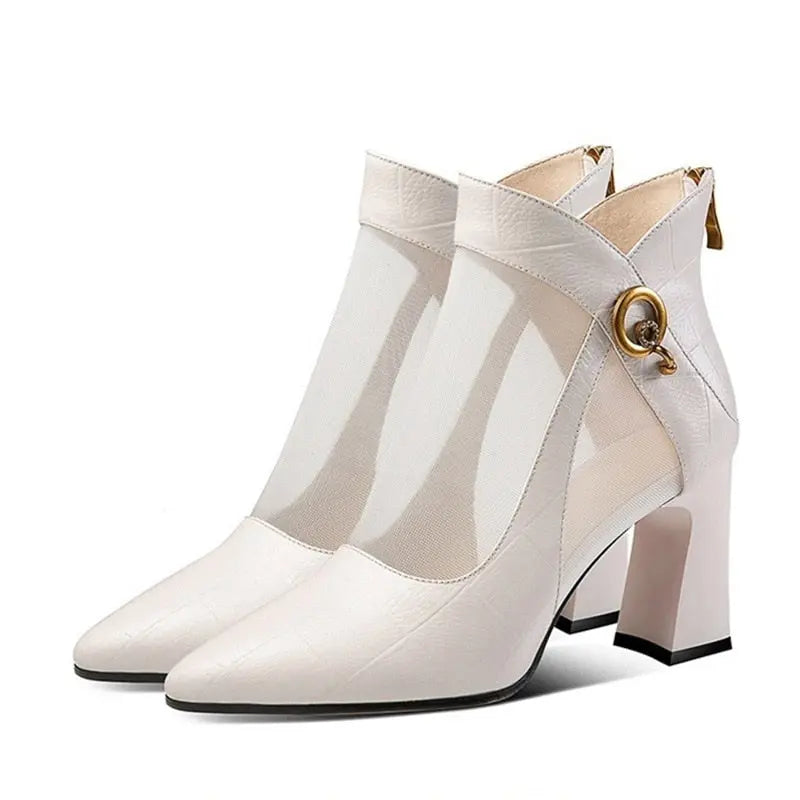 Summer Mesh Boots High Heel Zipper Sexy Black Lace-Up Square Heel Sandals Pumps Shoes Ladies Lomwn