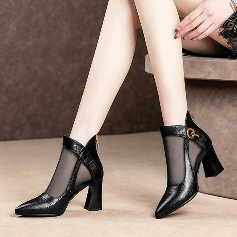 Summer Mesh Boots High Heel Zipper Sexy Black Lace-Up Square Heel Sandals Pumps Shoes Ladies Lomwn