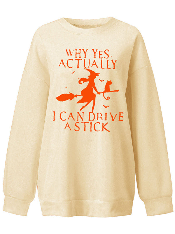 Women's Halloween Witch letter print loose round neck falling shoulder long sleeve sweater kakaclo