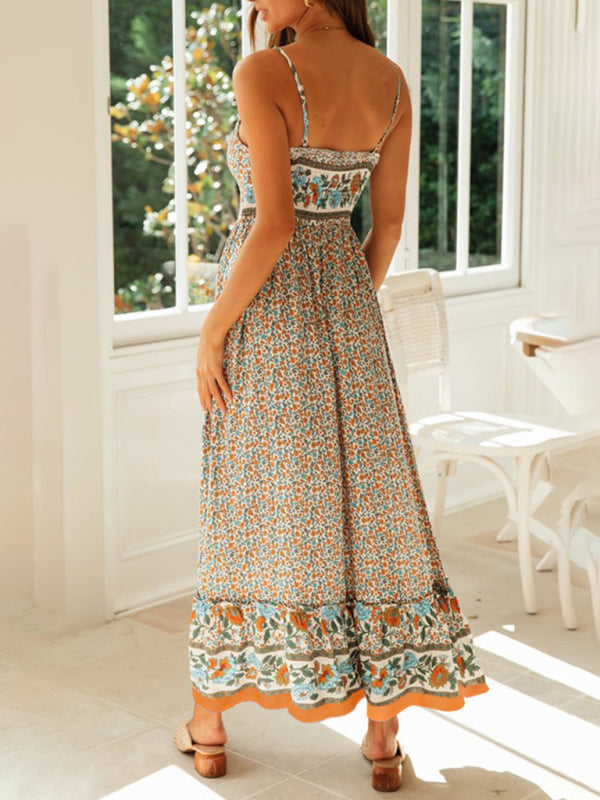 Summer new big swing skirt Bohemian V-neck suspender floral dress kakaclo