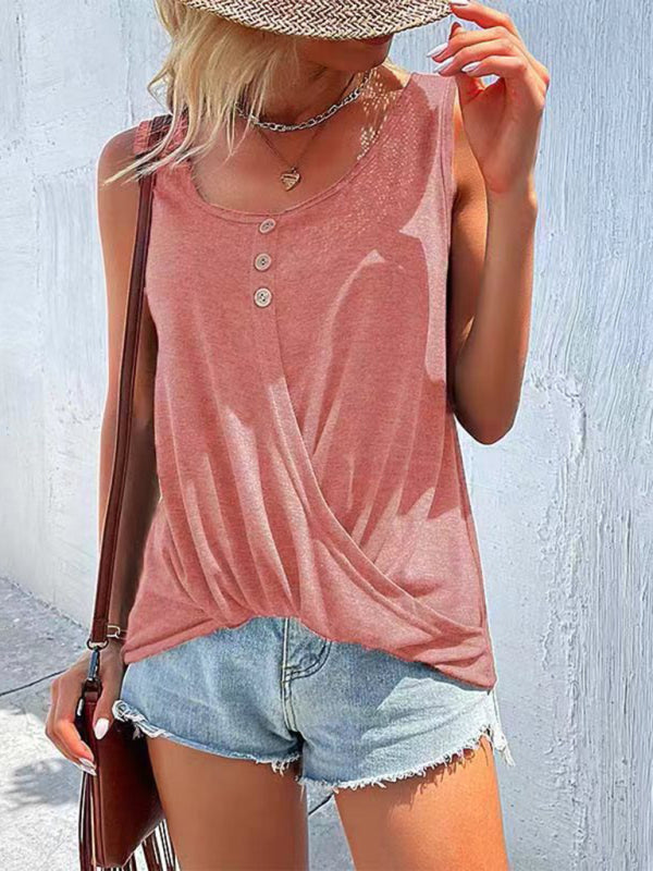 Women's Solid Color Button Knot Crewneck Tank Top kakaclo