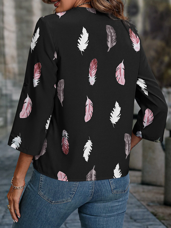 Women's Woven V-Neck Feather Print Cropped Sleeve Loose Blouse kakaclo