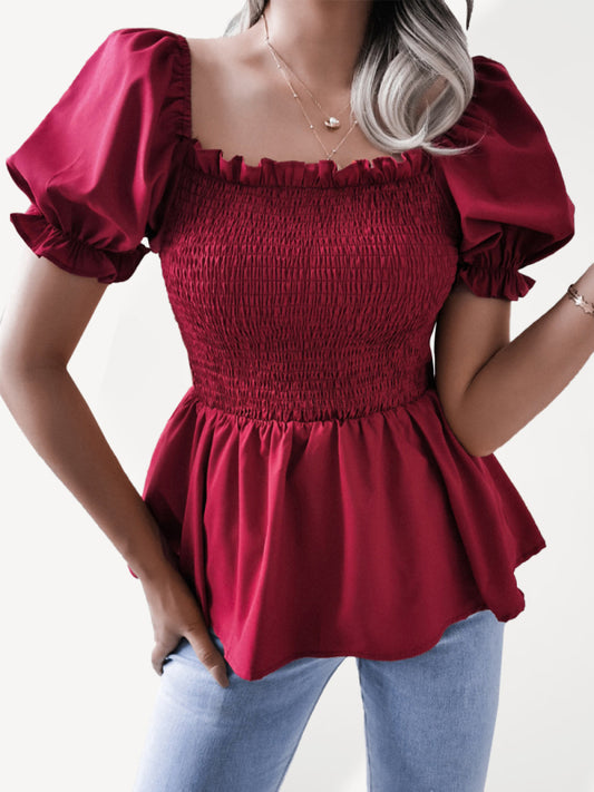 Women's Solid Color Balloon Sleeve Hem Ruffle Chiffon Shirt Top kakaclo