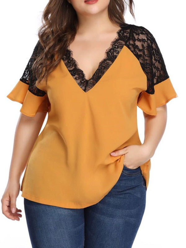 New large size V-neck short-sleeved women's stitching lace solid color top kakaclo