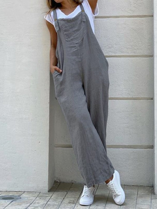 Women's Solid Color Ankle Length Linen Jumpsuit kakaclo