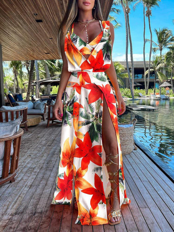 Women's Floral Faux Wrap Slit Maxi Dress kakaclo