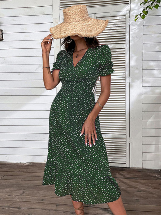 New women's casual holiday polka dot v-neck mid-length dress kakaclo