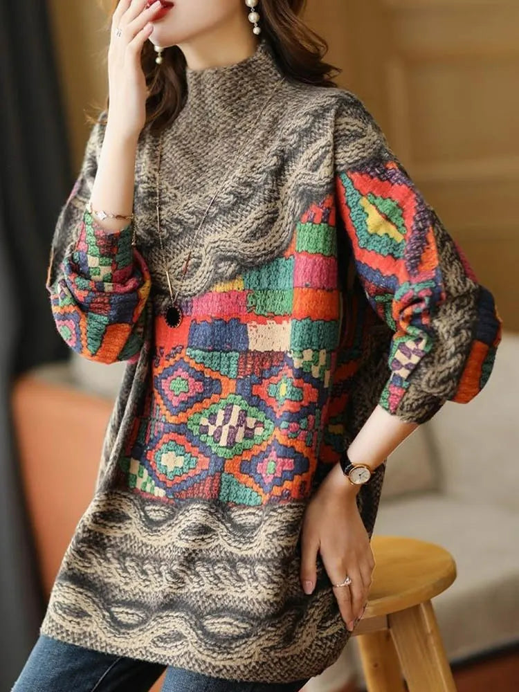 Turtleneck Sweaters Womens Loose Casual Printed Knitted Pullover: A Fashion Must-Have Lomwn