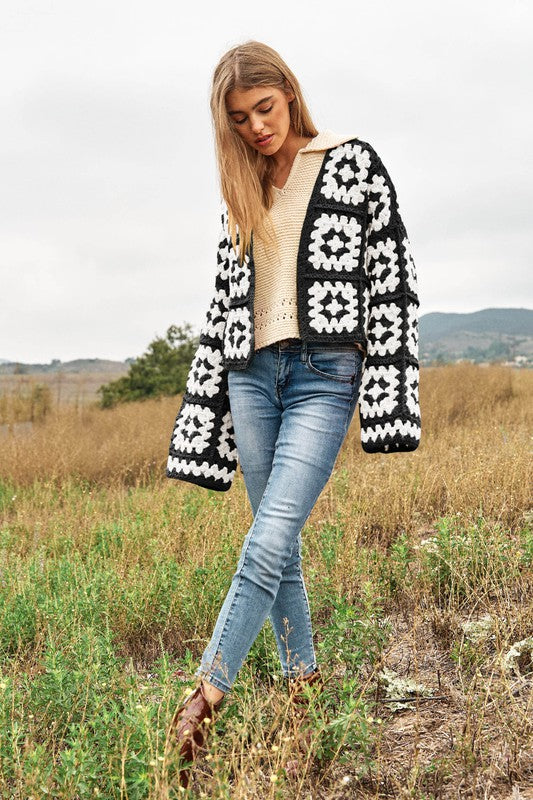 Two-Tone Floral Square Crochet Open Knit Cardigan Davi & Dani