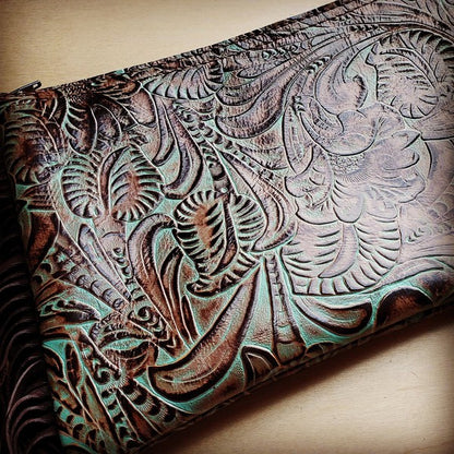 Embossed Turquoise Brown Floral Leather Clutch The Jewelry Junkie
