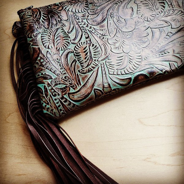 Embossed Turquoise Brown Floral Leather Clutch The Jewelry Junkie
