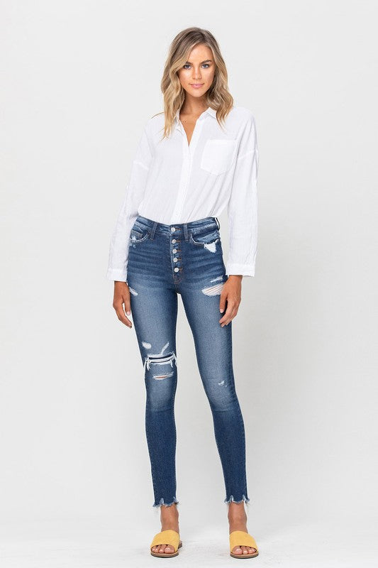 High Rise Patched Button Up Raw Hem Ankle Skinny VERVET by Flying Monkey