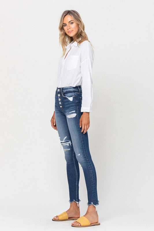 High Rise Patched Button Up Raw Hem Ankle Skinny VERVET by Flying Monkey