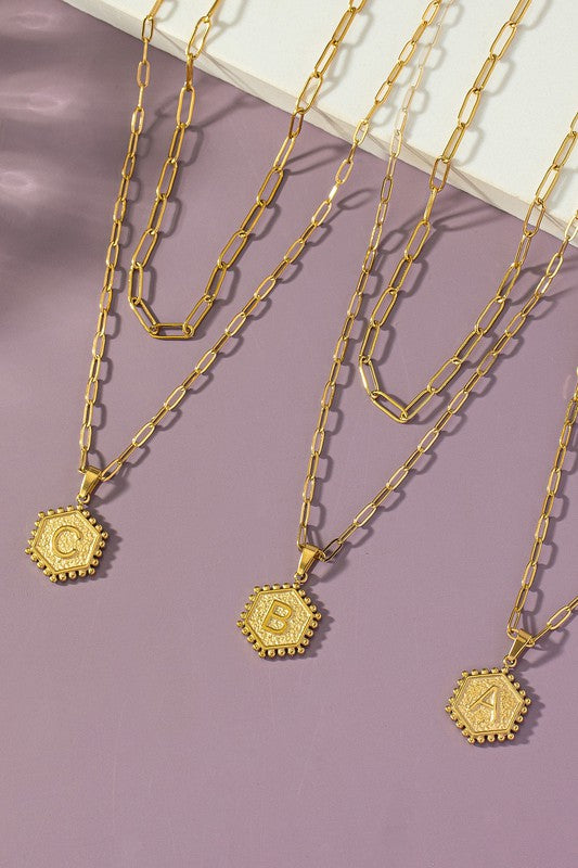 necklace 2 row brass double sided hexagon initial LA3accessories