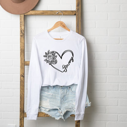 Grammy Heart Outline Long Sleeve Graphic Tee Olive and Ivory Wholesale