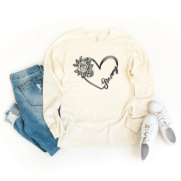 Grammy Heart Outline Long Sleeve Graphic Tee Olive and Ivory Wholesale