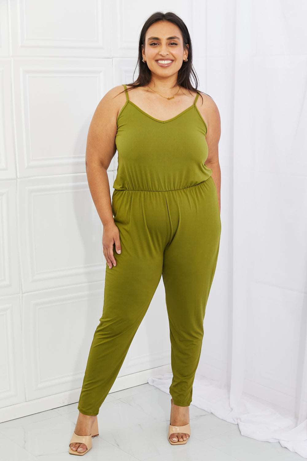 Capella Comfy Casual Full Size Solid Elastic Waistband Jumpsuit in Chartreuse Trendsi