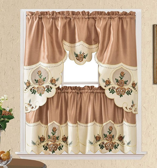 Coffee Rose Embroidery Kitchen Curtain 3PC Set Home Mart Goods