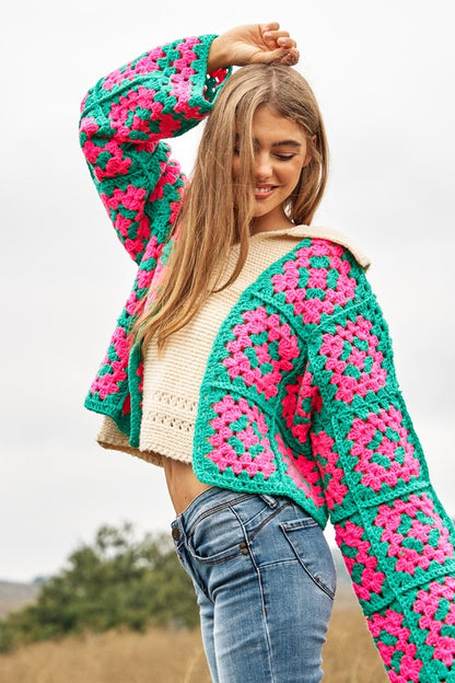 Two-Tone Floral Square Crochet Open Knit Cardigan Davi & Dani