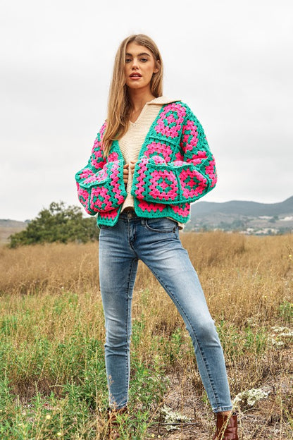 Two-Tone Floral Square Crochet Open Knit Cardigan Davi & Dani