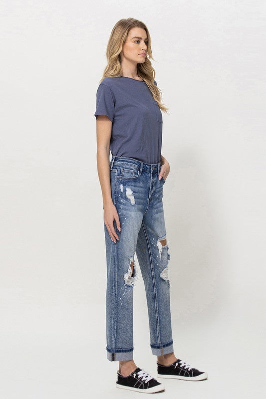 Stretch Mom Jeans w/ Spatter Detail and Cuff VERVET by Flying Monkey