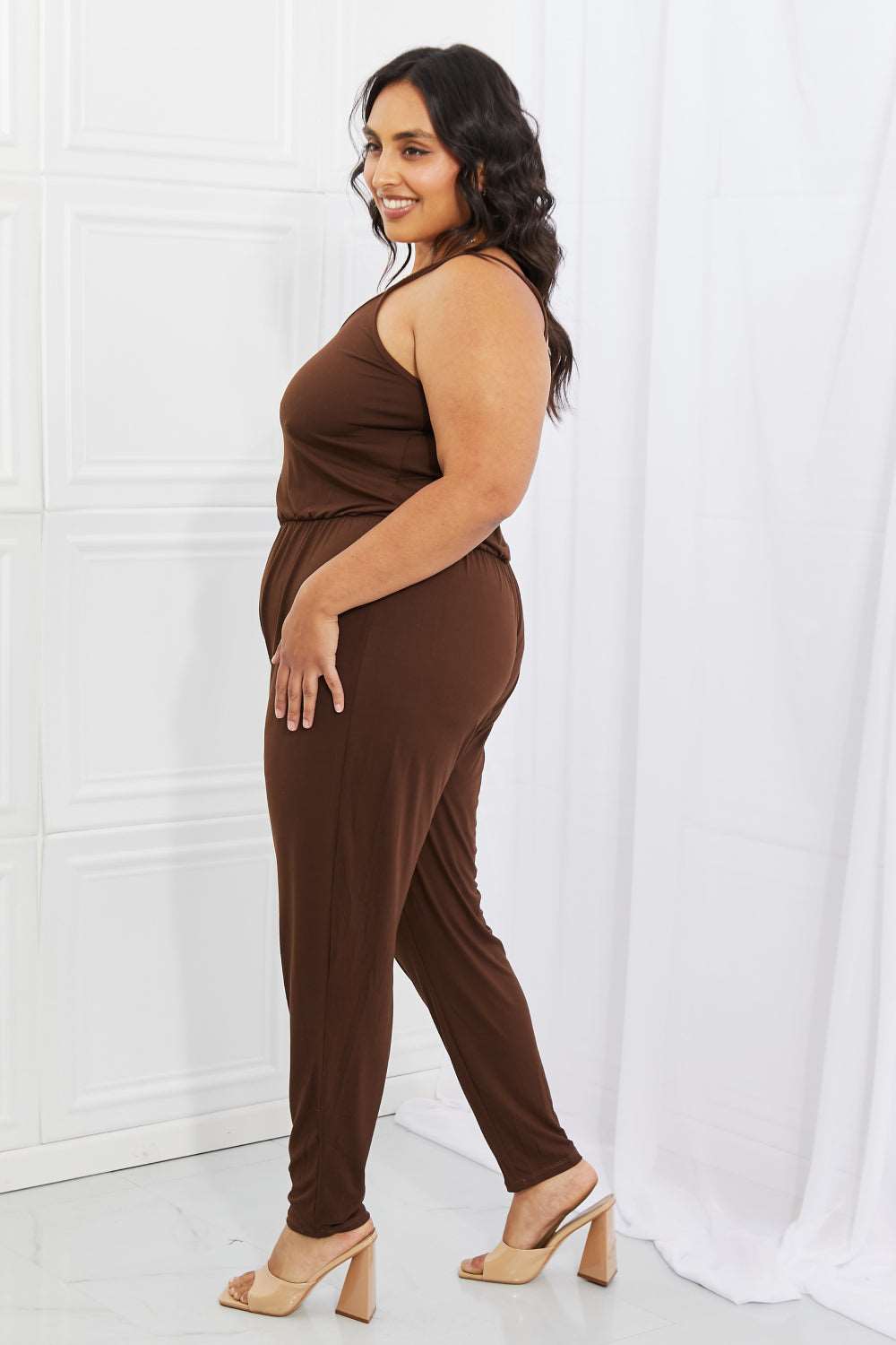 Capella Comfy Casual Full Size Solid Elastic Waistband Jumpsuit in Chocolate Trendsi
