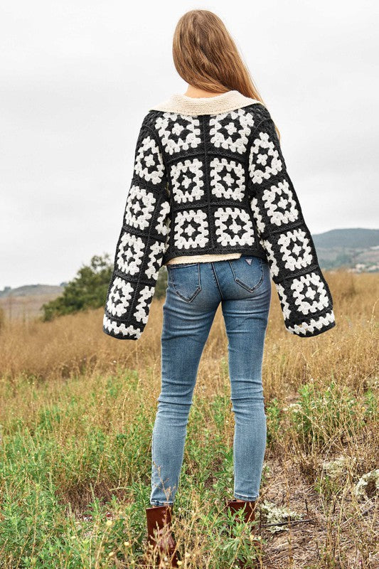 Two-Tone Floral Square Crochet Open Knit Cardigan Davi & Dani