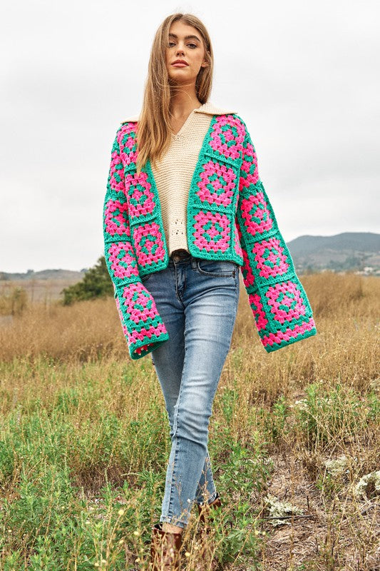 Two-Tone Floral Square Crochet Open Knit Cardigan Davi & Dani