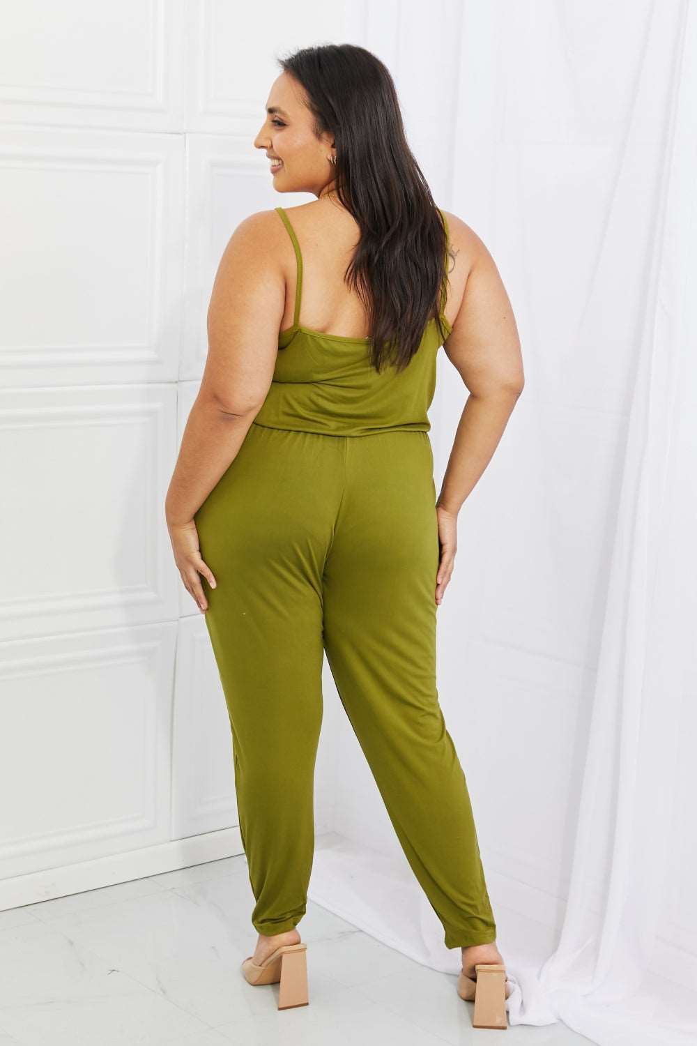 Capella Comfy Casual Full Size Solid Elastic Waistband Jumpsuit in Chartreuse Trendsi