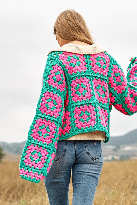 Two-Tone Floral Square Crochet Open Knit Cardigan Davi & Dani