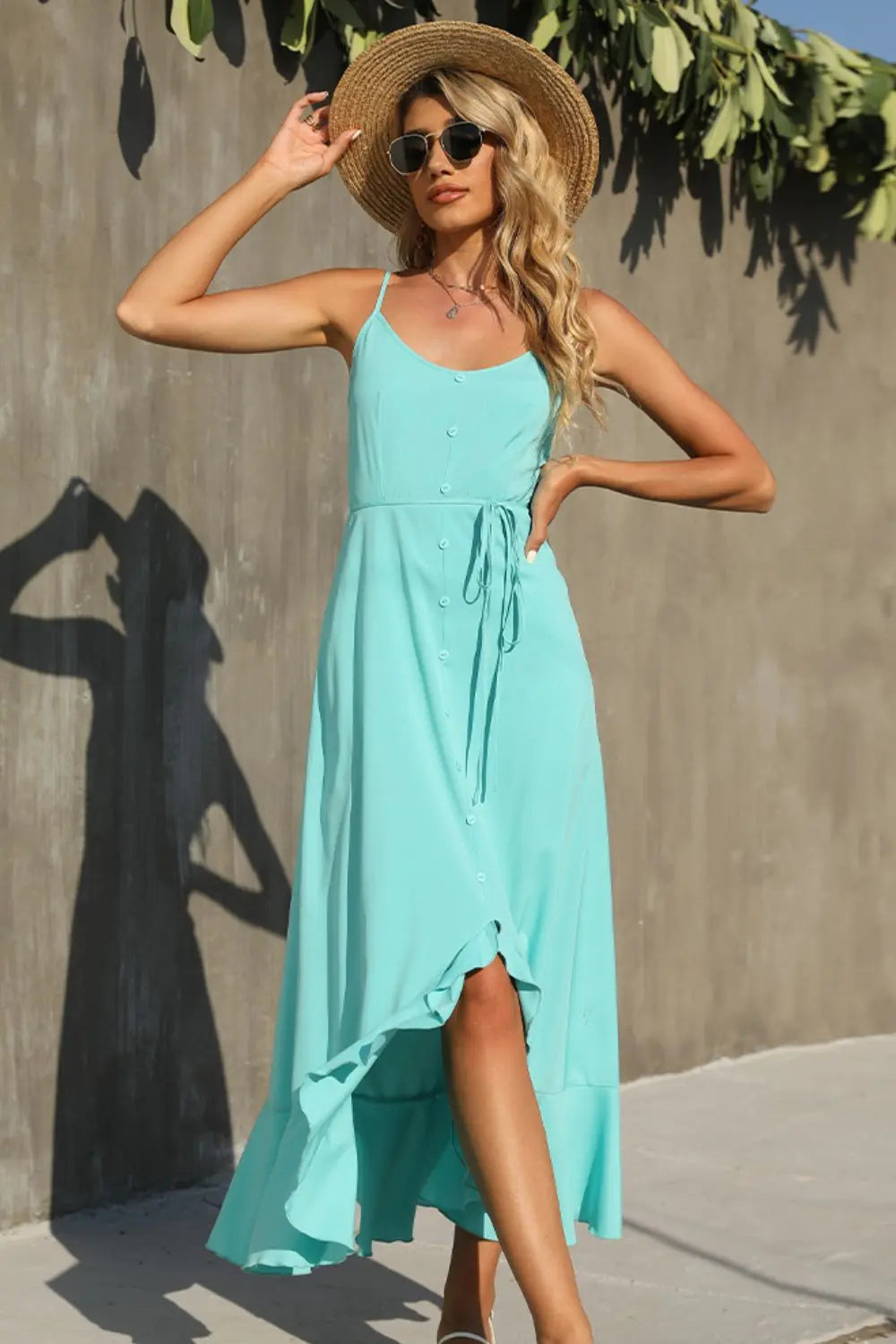 Decorative Button Spaghetti Strap Ruffle Hem Dress Trendsi