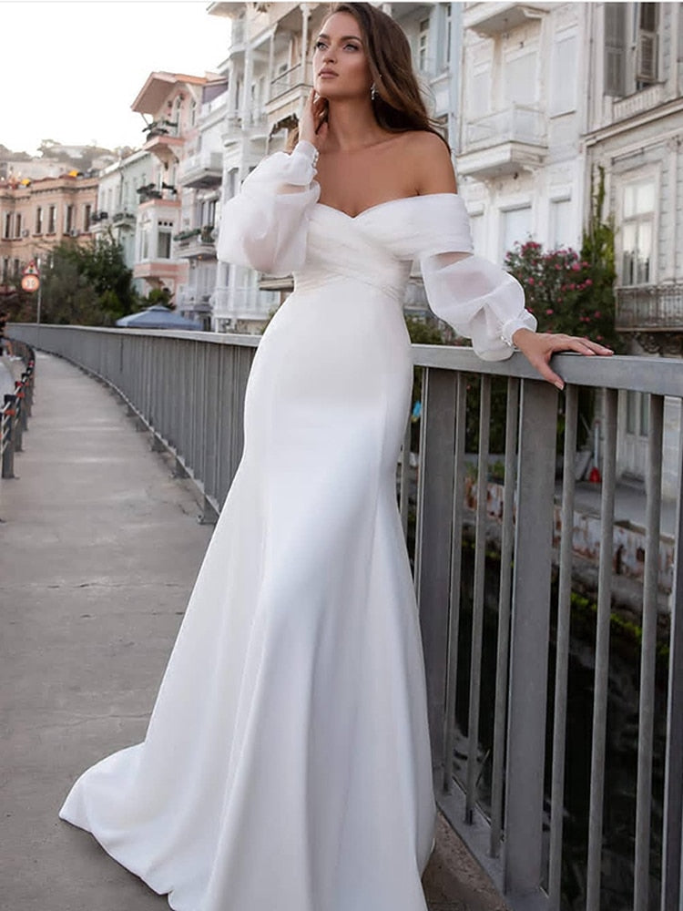 Smileven Satin Mermaid Wedding Dresses Long Fuff Sleeve Sexy Lace Beach Bride Dresses Off The Shoulder Boho Bridal Gowns Lomwn