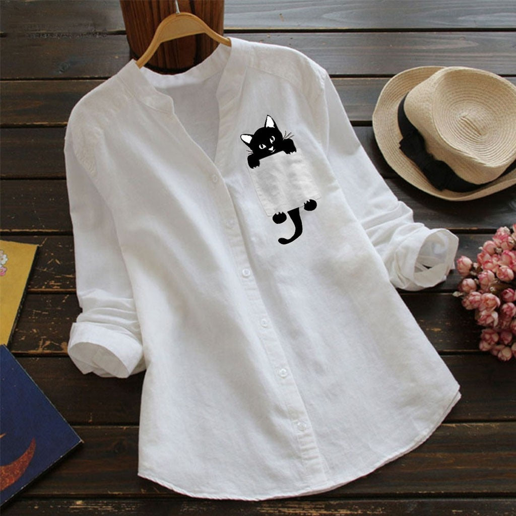 Women Cat Shirt Linen Blouse Long Sleeve Kawaii Blouses Tops Laple Pocket Down collared shirts Spring Woman Clothes Lomwn