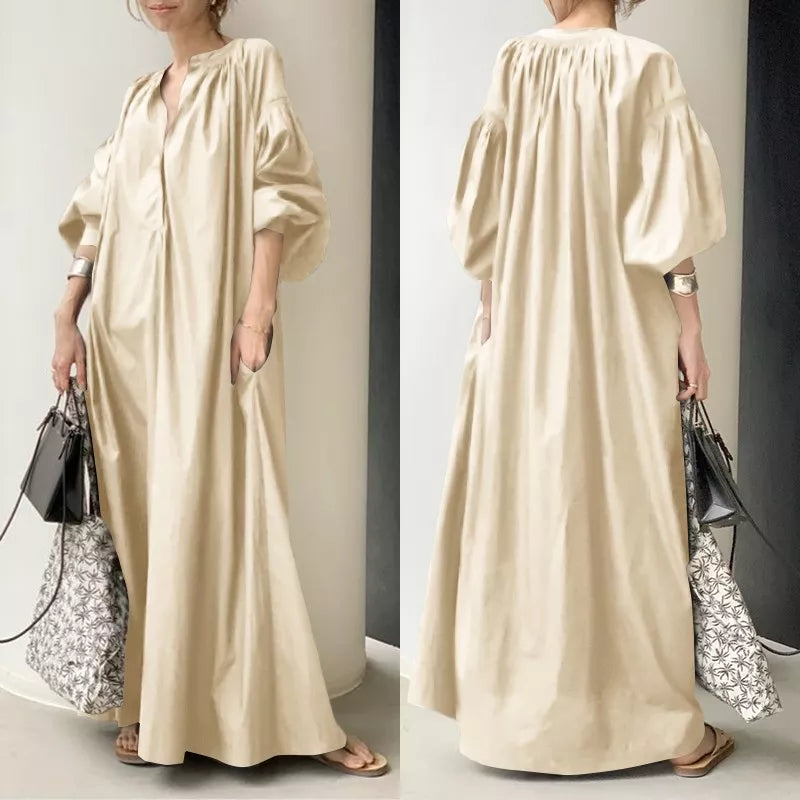Elegant Solid Shirt Dress Women Casual Lantern Sleeve Maxi Vestidos Lomwn