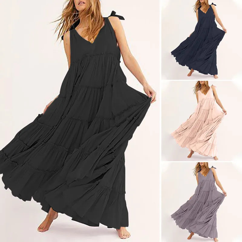 Lace Up V Neck Ruffles Sundress Solid Sleeveless Party Casual Sarafans Vestidos7 Lomwn