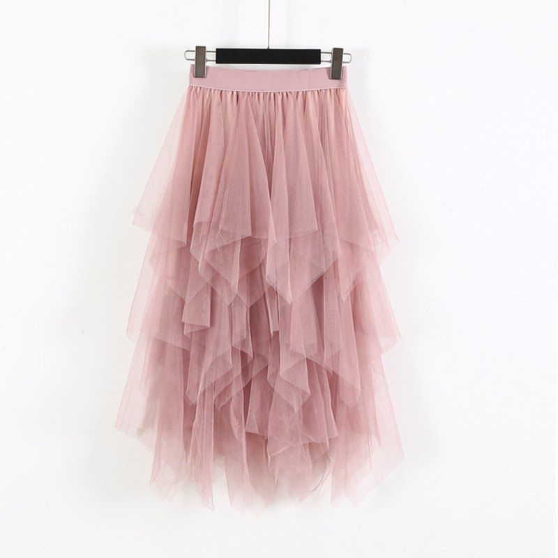 Fashion 2022 Spring Party Skirt Elastic High Waist Long Tulle Skirt Women Irregular Hem Mesh Tutu Skirt Ladies Lomwn