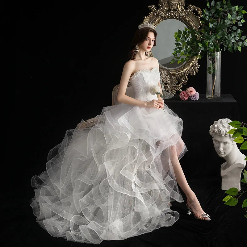 Vestido De Noiva 2022 New Front Short Long Back Strapless Wedding Dress Sweet Bride Dress With Train Custom Made Wedding Gown Lomwn